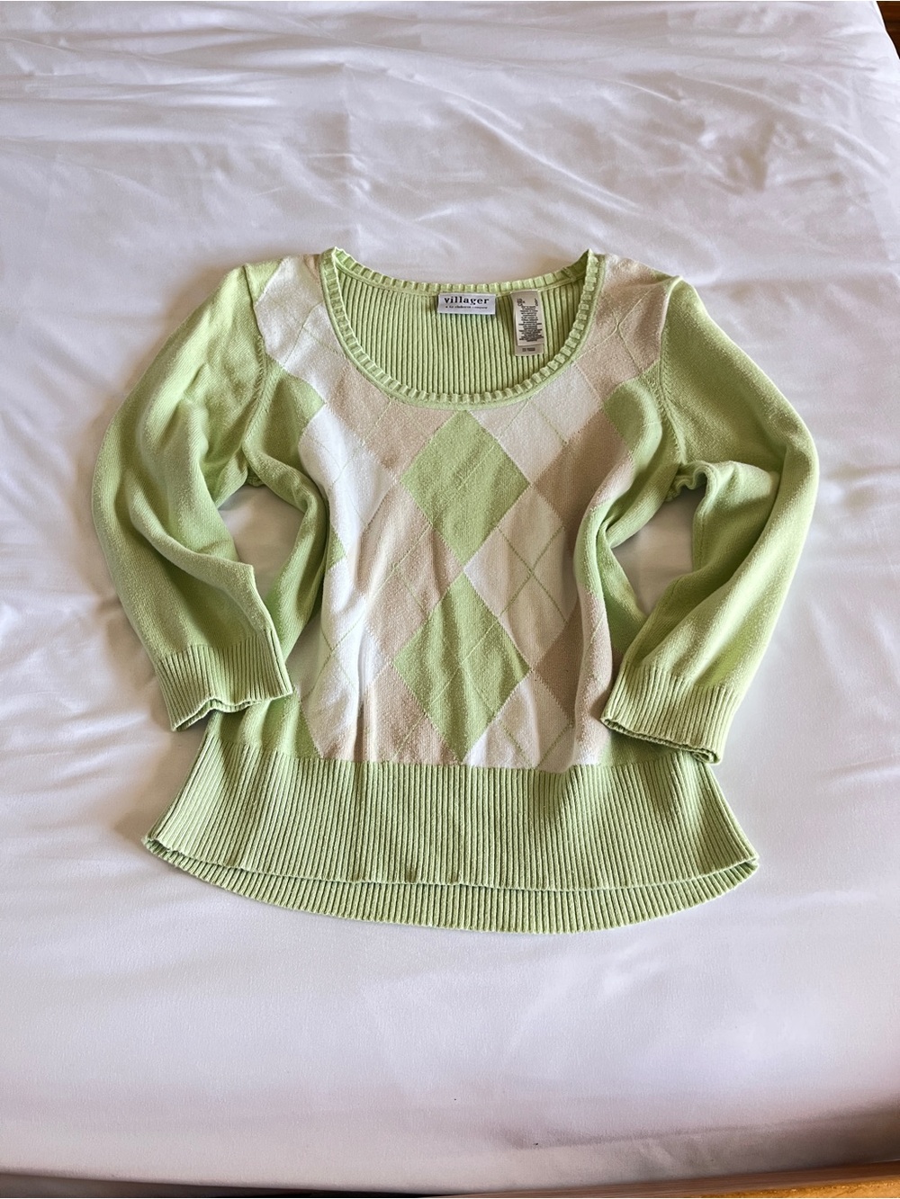 villager Light Green & Cream Argyle Scoop Neck Sweater